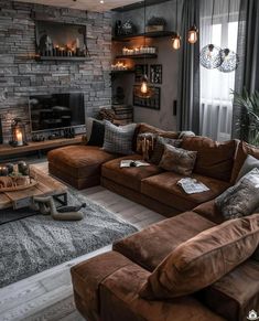 a living room filled with lots of furniture and a fire place in the middle of it