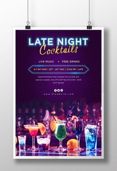 a flyer for a cocktail party with drinks on the table and neon lights in the background