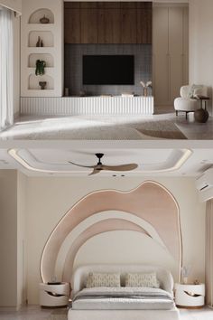 two pictures of a bedroom with white furniture and beige walls, one showing the bed's headboard