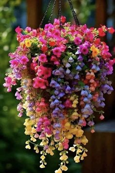 a hanging basket filled with lots of colorful flowers