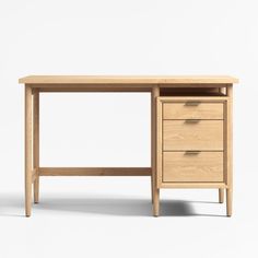 a wooden desk with two drawers and a shelf on the top, against a white background