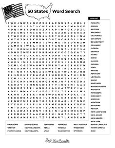 the 50 states word search is shown in black and white with an american flag on it