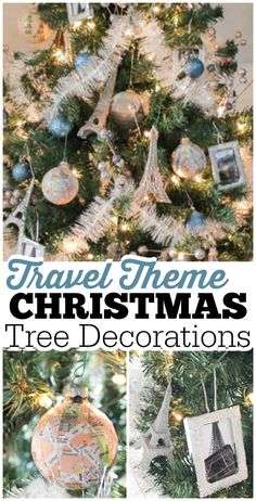 a christmas tree with ornaments hanging from it and the words travel theme christmas tree decorations