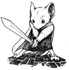 an ink drawing of a mouse with a knife in it's hand, sitting on the ground