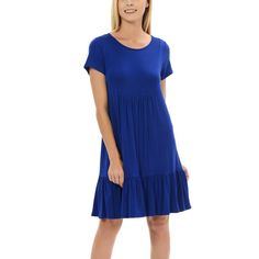 Blue Midi Dress With Ruffled Bottom Color: Blue 95% Rayon, 5% Spandex Hand Wash, Hang Dry Made In Usa Small 0-4 Medium 6-8 Large 10-12 X-Large 12-14 Casual Summer Midi Dress In Elastane, Casual Stretch Midi Dress With Ruffle Hem, Blue Short Sleeve Stretch Dress, Casual Stretch Dress With Ruffle Hem, Spring Casual Midi Dress, Tiered Stretch Dresses With Ruffle Hem, Stretch Tiered Dress With Ruffle Hem, Casual Knee-length Elastane Dresses, Blue Short Sleeve Mini Dress With Ruffle Hem