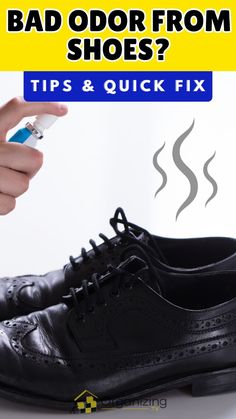 a person holding a shoe with the caption bad odor from shoes? tips & quick fix