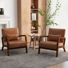 two brown chairs sitting next to each other on top of a gray carpeted floor