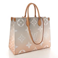 This is an authentic LOUIS VUITTON Monogram Giant By The Pool Onthego GM in Brume. This limited edition tote features oversized and smaller versions of the classic Louis Vuitton monogram printed in white on a pink-light beige coated canvas. The bag features vachetta rolled top handles and longer shoulder straps that can be tucked away inside the bag, accented with polished gold hardware. The top is open to a spacious beige striped fabric interior with zipper and patch pockets. Louis Vuitton Totes, Neverfull Mm, Striped Fabric, Louis Vuitton Damier Ebene, Monogram Prints, Louis Vuitton Shoulder Bag, Pink Light, Shopping Tote, The Pool