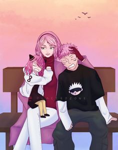 two people sitting on a bench with pink hair