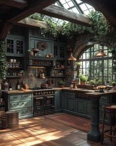 an old fashioned kitchen with lots of green cabinets and wood flooring in the center