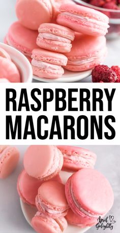 raspberry macarons on a white plate with the words, how to make raspberry macaroons