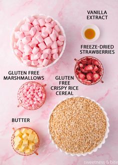 the ingredients to make this dessert are shown on a pink marble counter top, including marshmallows, cranberries, and orange juice