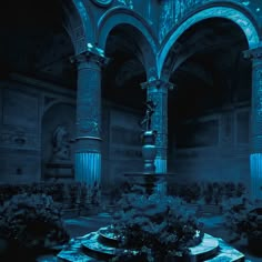 an ornate building with columns and flowers in the foreground is lit by blue light