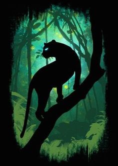 the silhouette of a monkey on a tree branch in front of green and black background