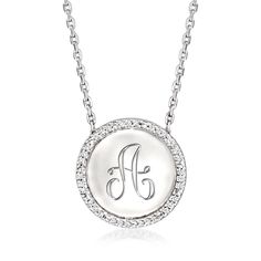 Ross-Simons - Single-Initial - .10ct t. w. Diamond Circle Pendant Necklace. 16". Turn up the dial on your day-to-day style! This on-trend sterling silver circle pendant necklace is haloed in a frame of .10 ct. t. w. diamond rounds and suspends from a classic cable chain. FREE engraving of a single initial in your choice of block or script type. Includes 2" extender. Lobster clasp, diamond personalized circle pendant necklace. Diamond birthstones are the perfect gift for April birthdays. Pendant Necklace Diamond, Diamond Circle Necklace, Diamond Circle Pendant, Diamond Birthstone, Circle Pendant Necklace, Script Type, Necklace Diamond, Circle Diamond, Silver Circle