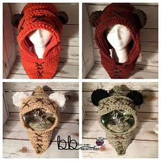 four pictures of hats with ears and noses on them, all in different colors to match