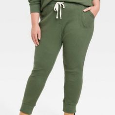 These Waffle Knit Jogger Pants From Universal Thread Are The Perfect Update For Your Off-Duty Wardrobe! They Are Midweight Thermal Pants Made Of 100% Cotton And Adorned With A Waffle Knit Pattern In A Soild Green Color. Their Ribbed Waistband With A Drawcord Allows You To Find Your Perfect Fit For Secure Wear, Ribbed Ankle Cuffs Offer A Snug Fit And Side Pockets For Stashing All Your Essentials For When Your On The Go! They Are A Relaxed Stretch Casual Fit And New With Tags. Open To Offers Green Ribbed Bottoms For Loungewear, Thermal Pants, Ankle Cuffs, Knit Pattern, Casual Fit, Universal Thread, Off Duty, Casual Fits, Waffle Knit