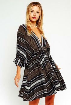 Black Print Boho Dress The Rachel, Black Print Dress, Plunge Neckline, Dress With Tie, Necklines For Dresses, Cinched Waist