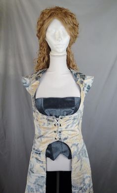 Blue and cream leaf front lacing womens underbust waistcoat image 1 Underbust Waistcoat, Futuristic Corset, Pirate Corset, Medieval Corset, Overbust Corset, Velour Fabric, Front Bottoms, White Flats, Women's Costumes