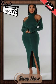 Turtleneck Halter Crop Top Long Sleeve Dress Set Green Maxi Dress For Fall Night Out, Green Maxi Dress For Night Out In Fall, Green Stretch Maxi Dress For Fall, Crop Top Long Sleeve, Crop Top Long, Plus Size Two Piece, Halter Crop Top, Long Crop Top, Dress Set