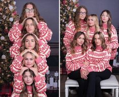 several women in matching sweaters sitting next to a christmas tree