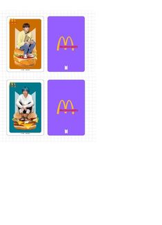 four cards with the same image as mcdonald's and two men sitting on hamburgers