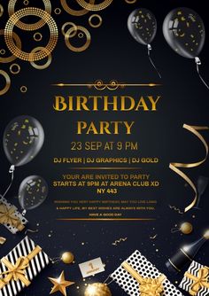 a birthday party flyer with balloons, gifts and confetti on the dark background