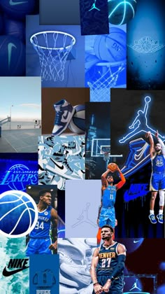 a collage of basketball players and their blue uniforms with the nike logo on them