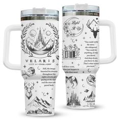 two travel mugs with the words black and white on them, one is filled with images