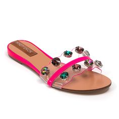 Lucite flat O/T sandal with multicolored jeweled trim. Summer Slides, Fancy Accessories, Pretty Sandals, Pink Sandals, Trending Sneakers, Athleisure Fashion, Fabulous Shoes, Bora Bora, Sandals Brands