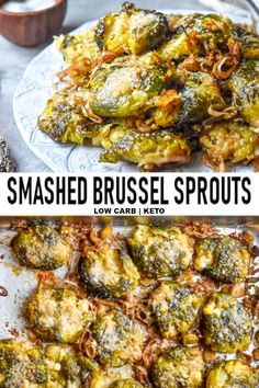 roasted brussel sprouts on a white plate with the words smashed brussel sprouts