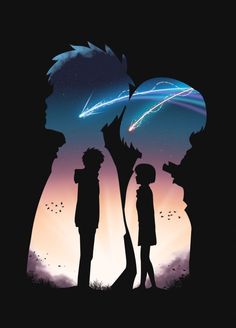 the silhouettes of two people standing next to each other