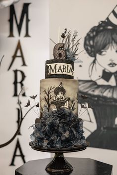 there is a cake that has been decorated with an image of mary poppari on it