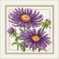 two purple flowers with green leaves in the center on a white background, cross stitch pattern