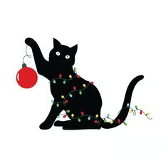 a black cat with christmas lights and a red ornament hanging from it's back