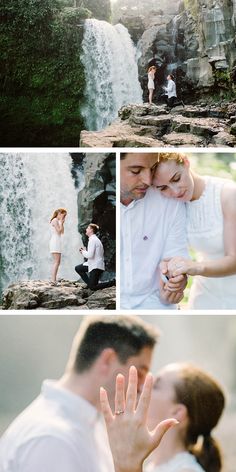 a man and woman standing in front of a waterfall