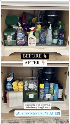 the before and after pictures of cleaning products in an organized cabinet with labels on them