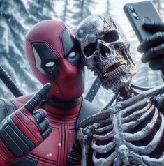 two deadpools holding up their cell phones in the middle of a snowy forest