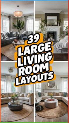 the living room layout is shown in three different photos, with text overlaying it