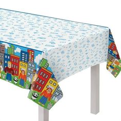 an image of a table cloth with buildings on it