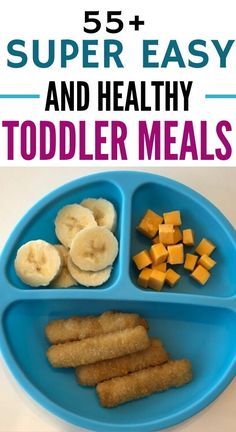 a blue plate with bananas, kiwi and other foods on it that says 5 + realistic and healthy toddler meals