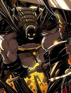 an image of batman in the middle of battle with two other characters behind him,