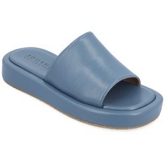 Our Denrie platform sandals from Journee Collection will be the perfect shoe for when you want to be comfy yet classy. With their luxe vegan leather single band slide and open round toe you'll notice that extra boost to your confidence. The 4 mm Tru Comfort Foam� insole and slip-on feature will make your feet feel like you're on cloud 9. Fashion Shoes Sandals, Flatform Sandals, Open Toed Heels, Platform Slides, Buckle Shoes, Famous Footwear, Blue Sandals, Cloud 9, Slides Shoes