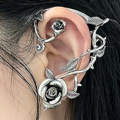 Gender:Women's; What's in the box:Ear Cuff; Types:Ear Cuffs; Holiday:Halloween,Carnival,Mardi Gras; Style:Punk Gothic; Material:Alloy; Age Group:Adults'; Characters:Elf,Rose,Flower Fairy; Listing Date:08/28/2023 Cuff Piercing, Flower Ear Cuffs, Elf Ear Cuff, Rose Vine, Gothic Rose, Elf Ears, Flower Ear, Wrap Earrings, Retro Earring