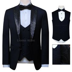 This stunning midnight blue tuxedo suit for men is the perfect choice for any special occasion. Made from premium quality Italian wool fabric, this suit is both luxurious and stylish. The sequined fabric peak lapel adds an extra touch of elegance, while the single front button closure, double flapped pocket, welt pocket, and 4 sleeve buttons provide a clean and sophisticated look. A double-breasted U-shaped vest completes the W down-style ensemble. Perfect for Grooms Special occasions Formal eve Tuxedo Tie, Tuxedo Suit For Men, Formal Menswear, Wedding Dresses Men Indian, Blue Tuxedos, Wedding Dress Men, Formal Mens Fashion, Tuxedo Suit, Black Tuxedo