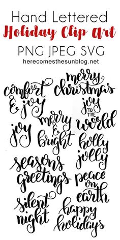 the hand lettered holiday clip art is shown in black and white with red lettering