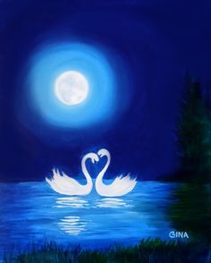 a painting of two swans in the water at night