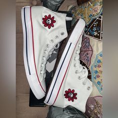 Nwt Converse All Star Hi Sneakers In Optic White Custom “Dead Flower” Embroidery For Streetwear Company Taboo Tendencies Size 8 Men’s / 10 Women’s White High-top Sneakers With Embroidered Logo, White Embroidered Converse Sneakers, Casual White Embroidered Sneakers, White Embroidered Lace-up Sneakers, Casual High-top Skate Shoes With Embroidered Logo, Embroidered Low-top Sneakers For Streetwear, Embroidered Lace-up Sneakers For Streetwear, All Star Yellow, Converse Slip On Shoes