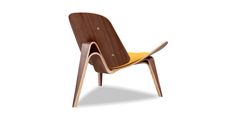 a wooden chair with a yellow seat pad on the back and armrests that are shaped like an arrow