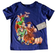 a blue shirt with toy story characters printed on the front and back, along with a tag